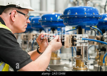 an engineer checks an pneumatic valve with a screwdriver Stock Photo