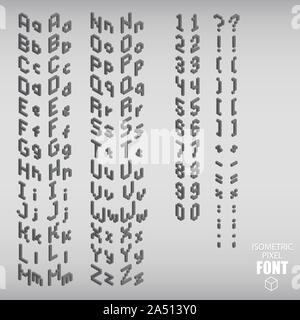 Set of isometric pixel alphabet and numbers gray color. Vector illustration. Stock Vector