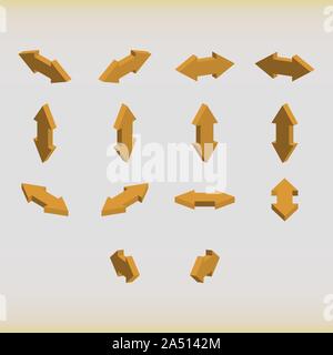 Set of isometric arrows orange color. Double-headed arrows. Vector illustration. Stock Vector