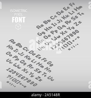 Set of isometric pixel alphabet and numbers gray color. Vector illustration. Stock Vector