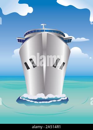 Luxury cruise ship, view from front at water level on a clear day with tropic seas and blue sky. Stock Vector