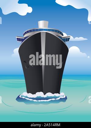 Luxury cruise ship, view from front at water level on a clear day with tropic seas and blue sky. Stock Vector
