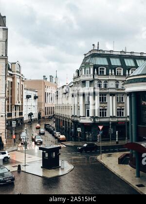 Moscow, Russia, October, 12, 2019: Balchug business center building autumn rain view from the large Moskvoretsky Bridge on natural background Stock Photo