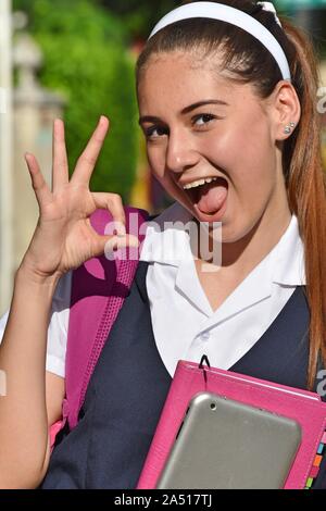 Catholic Colombian Student Teenager School Girl And Okay Sign Wearing School Uniform Stock Photo