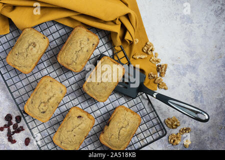 freshly baked loaf shaped walnut cranberry muffins on a black wire baking rack with utensil and napkin on a marble countertop Stock Photo
