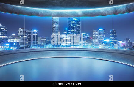 Empty unfurnished futuristic round shape interior design room with modern cityscape view from big glass window . Stock Photo