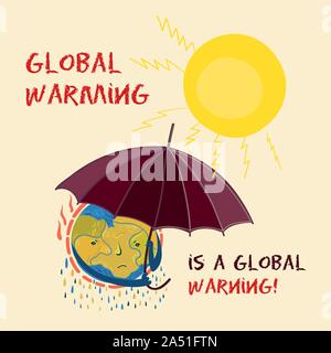 Cartoon illustration of depressed planet Earth. Melting planet due to global warming. Vector conceptual illustration. Stock Vector