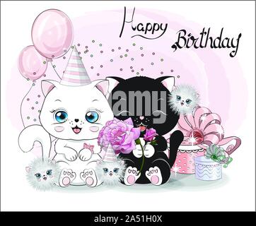 lovely cute white and black cat. little kittesn. with gift. confetti and balloon, Happy birthday greeting card Stock Vector