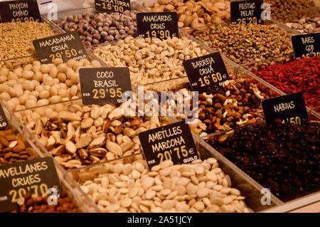 A selection of nuts at Sant Antoni Market in Barcelona, Spain Stock Photo