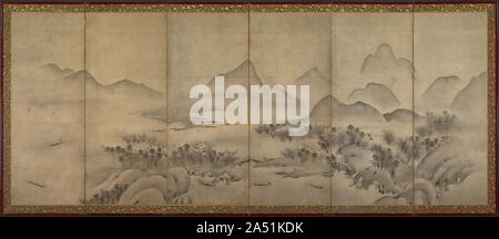 Moonlit Landscape (one of a pair), late 1500s. This unsigned and unsealed composition includes imagery from the Eight Views of the Xiao and Xiang Rivers. Scanning the composition from right to left, four of the Eight Views subjects appear: sunset glow over a fishing village, returning sails off a distant shore, autumn moon over Lake Donting, and evening bell from a mist-shrouded temple. Not all the elements of the traditional Eight Views theme are here, but the artist suggests its literary presence by leading the viewer through a summer&#x2019;s journey from one day to the next, aided, like th Stock Photo