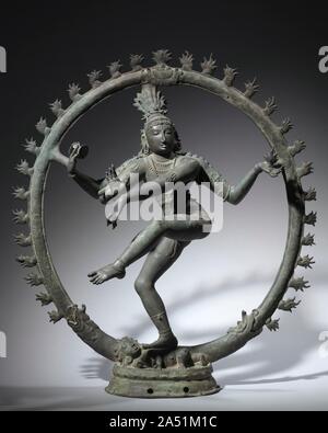 Nataraja, Shiva as the Lord of Dance, 1000s. One of the most celebrated sculptural forms in the history of Indian art, this elegant and dynamic figure embodies some of Hinduism&#x2019;s most fundamental tenets. According to Hindu thought, time is cyclical; the world is created, maintained, preserved for a time, then destroyed, only to be created again an infinite number of times. For those Hindus who view Shiva to be the all-powerful creator divinity, he is responsible for both creation and destruction. The ring of fire and the tongue of flame he holds in his left hand refer to destruction, an
