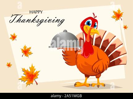 Happy Thanksgiving. Thanksgiving turkey holding domed tray. Vector illustration with maple leaves on background Stock Vector