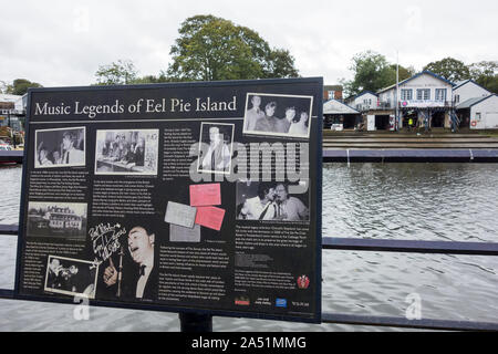 Music Legends information display board at Eel Pie Island on the River Thames at Twickenham in the London Borough of Richmond upon Thames, London, UK Stock Photo