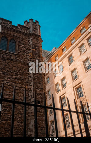 View of  the Church Tower of All Hallows Staining from Star Alley in the City of London, Britain Stock Photo