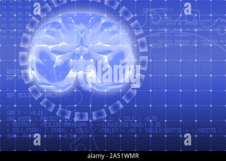 Artificial intelligence concept illustration. Human brain on computer symbols background. Machine learning as a future trend. Blue toned with glowing Stock Photo