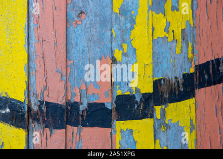wooden background of old boards with peeling paint. Stock Photo