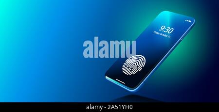 Fingerprint Scanner on Phone Screen. Biometric Identification and Approval Concept. Stock Vector
