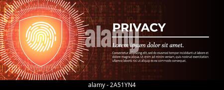 Fingerprint Sign on Red Shield. Privacy and Security System Concept. Stock Vector
