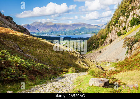 View over Derwent Water and Skiddaw from Borrowdale in the Lake District National Park, Cumbria. Stock Photo