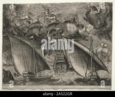 Sailing Vessels: Two Galleys Sailing Behind an Armed Three-Master with Phaeton and Jupiter in the Sky, 1561-65. Stock Photo