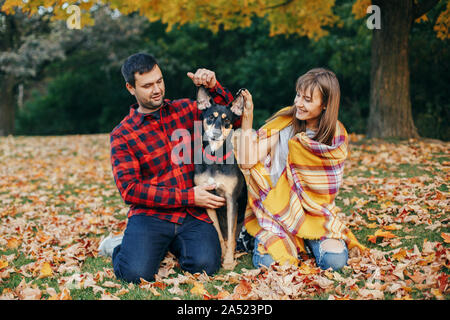 Beautiful young couple with dog in park. Man and woman hugging playing with their domestic animal pet outdoor on autumn fall day. Family authentic lif Stock Photo