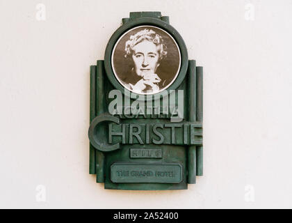 A memorial plaque outside The Grand Hotel, Torquay, where Agatha Christie spent her honeymoon in 1914. Stock Photo