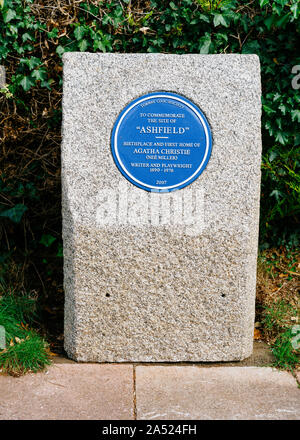 A blue plaque at the site of 'Ashfield', the birthplace of Agatha Christie. Stock Photo