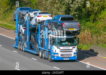 Big Rob Mobile Services, car transporter movers, Lorries & Trucks,  collection and deliveries, shipping freight, heavy haulage, lorry logistics, Scania delivery transport vehicles on the M6 at Lancaster, UK Stock Photo