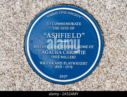 A blue plaque at the site of 'Ashfield', the birthplace of Agatha Christie. Stock Photo