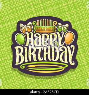 Vector logo for Birthday holiday, 10 burning candles on celebrate cake, original font for greeting title text happy birthday with soap bubbles and con Stock Vector