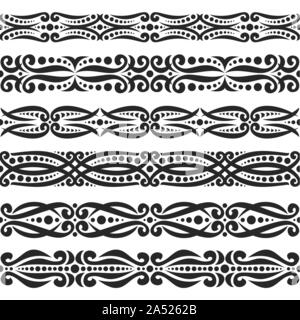 Vector set of black seamless borders, 6 decorative repeat ribbons of oriental style, design elements for create frames, ornate tape decorations with a Stock Vector