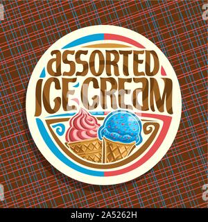 Vector logo for italian Ice Cream, round white label with strawberry soft serve icecream in wafer cap, blue scoop ball sundae in waffle cone, original Stock Vector