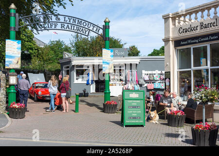 Entrance gate to cliff top station at Lynton & Lynmouth Cliff Railway, Lee Road, Lynmouth, Devon, England, United Kingdom Stock Photo