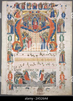 Single Leaf Excised from an Antiphonary: Inital A[spiciens a longe] with Christ in Majesty, c. 1330-1350. This massive historiated initial  A , among the largest painted by Renaissance illuminators, introduces the matins response for the first Sunday in Advent. For centuries this particular Sunday was known as  Aspiciens a longe  Sunday, since this is the very first chant of the Christian liturgical year to be sung with a special choir, or Schola Cantorum, on that day. The text as well as the image follow the prophecy of Isaiah who foresaw the birth of Christ:  Aspiciens a longe, ecce, video p Stock Photo