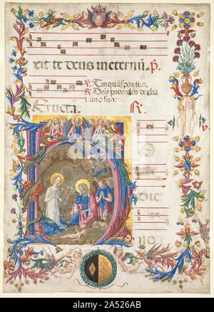 Single Leaf from an Antiphonary: Initial H[odie nobis] with The Nativity, 1471. This initial h introduces the first matins response for Christmas Day: Hodie nobis celorum rex (&quot;On this day the King of Heaven&quot;). Illustrating this artist&#x2019;s love of fantastic detail, an entwined dragon climbs the ascender of the h. Christ&#x2019;s nativity is within the letter, complete with adoring shepherds. Above is the figure of Christ blessing, surrounded by singing angels intended to suggest the heavenly realm. Benvenuto is first recorded in 1453, when he is known to have been working on the Stock Photo