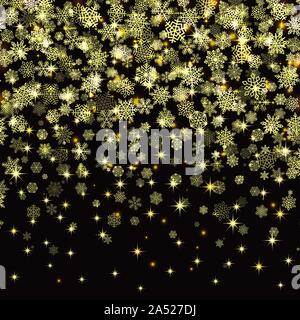Vector snowflakes falling on black background. Golden snow Stock Vector