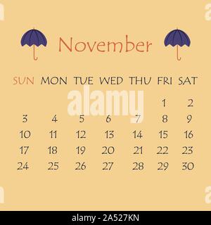 Calendar for November 2019. Beige background with a decor in the form of a blue umbrella Stock Vector