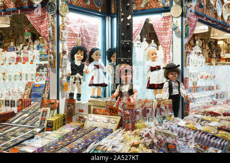 Budapest, Hungary - Oct 14, 2019: Traditional Hungarian souvenir dolls, Budapest Central Market Stock Photo
