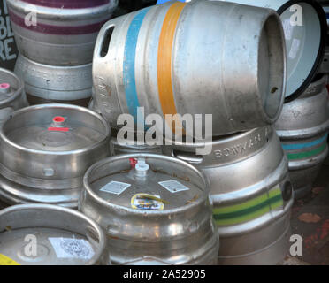 Empty beer kegs awaiting collection by the drayman, Selborne Arms, Selborne, Hampshire, UK Stock Photo