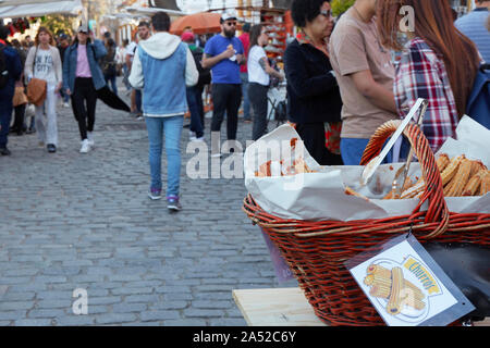 Churros on sale on a stand of the Recoleta street market, Buenos Aires, Argentina. Stock Photo