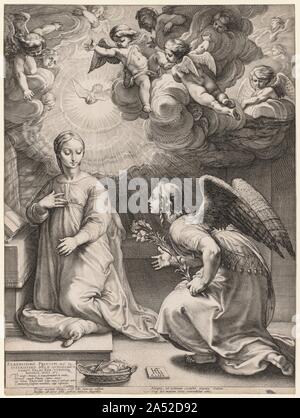 The Annunciation, 1594. The series of six prints,  The Life of the Virgin , is also known as the Master Engravings, an acknowledgment of Goltzius's significant achievement. Each of the six engravings evokes a different artistic style, imitating but not copying works by Albrecht D&#xfc;rer (1471-1526), Federico Barocci (about 1535-1612), and others. An engraved dedication to Wilhelm V, Duke of Bavaria, appears in the lower left corner. Written by poet Cornelis Schoneus (1540-1611), it praises the versatility and skill of Hendrik Goltzius. The inscription across the bottom that refers to the sub Stock Photo