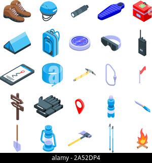 Mountaineering equipment icons set, isometric style Stock Vector