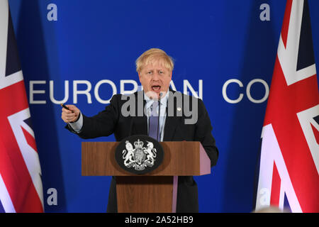 UK Prime Minister Boris Johnson speaking at the European Council summit at EU headquarters in Brussels. Stock Photo