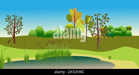 Vector Landscape with attractive view lake and forest. Reed plants and sand on the lake beach. Attractive nature landscape for nature decor Stock Vector