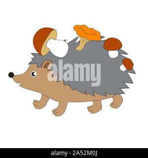 The hedgehog carries a supply of mushrooms on its back isolated by a white background. Stock Vector