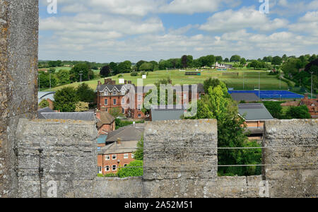 Part of Marlborough College, and sports field, seen from the tower of St Peter's church. Stock Photo