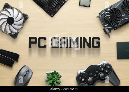 Computer gaming components and pc gaming text concept. Top view scene, flat lay. Stock Photo