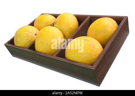 Yellow melons in wooden boxes,  Melons fruit close up, street market, on white Stock Photo