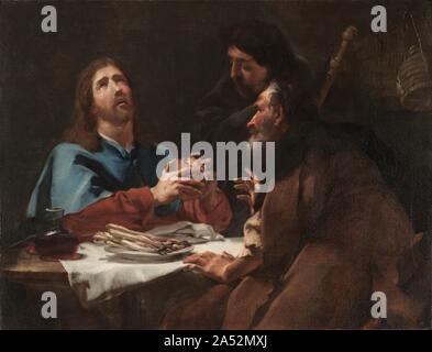 The Supper at Emmaus, c. 1720. In the Gospel of Luke (24:30-31), two disciples walked to the town of Emmaus after the Crucifixion, and the resurrected Christ followed them unrecognized. At dinner that evening he revealed himself, took bread from the table, blessed it, broke it, and gave it to the two men. When the disciples realized who was before them, Jesus vanished. Here Christ appears just before tearing the bread. Piazzetta emphasizes the dramatic tension by placing only three monumental and isolated foreground figures before an indeterminate background. This painting's intimacy, limited Stock Photo
