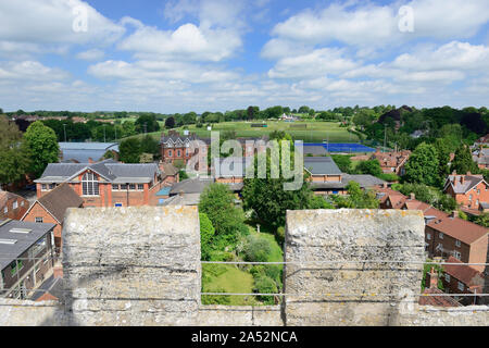 Part of Marlborough College, and sports field, seen from the tower of St Peter's church. Stock Photo